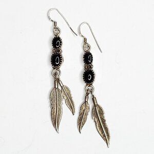 Sterling Silver Feather Earrings Dangle Signed Black Onyx 2 1/4"